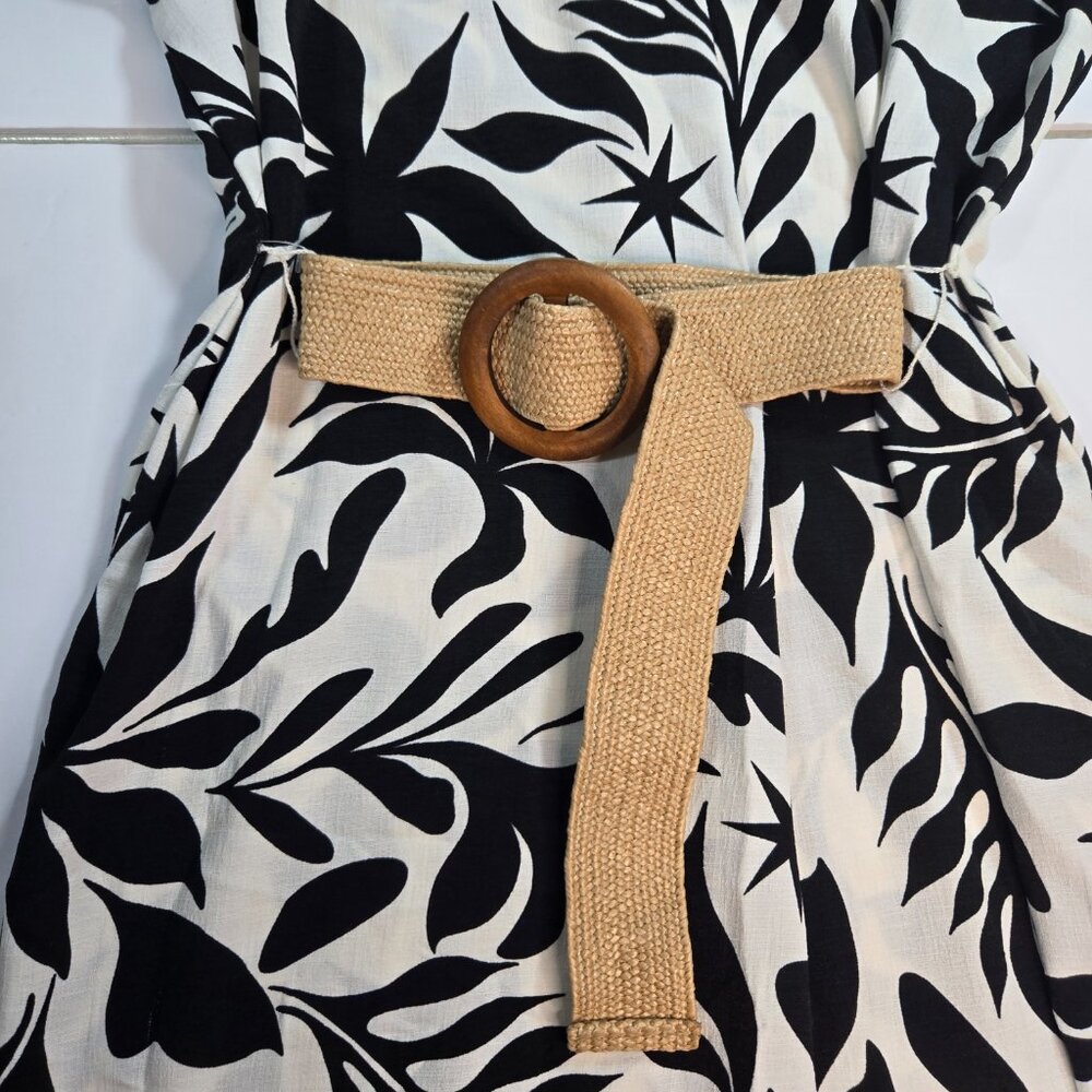 Fred David Black & White Tropical Print Belted Midi Dress - Picture 7 of 15